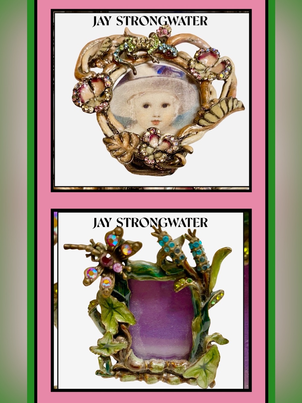2 JAY STRONGWATER Small Photo Frames Enamel Swarovski Crystals Vintage New